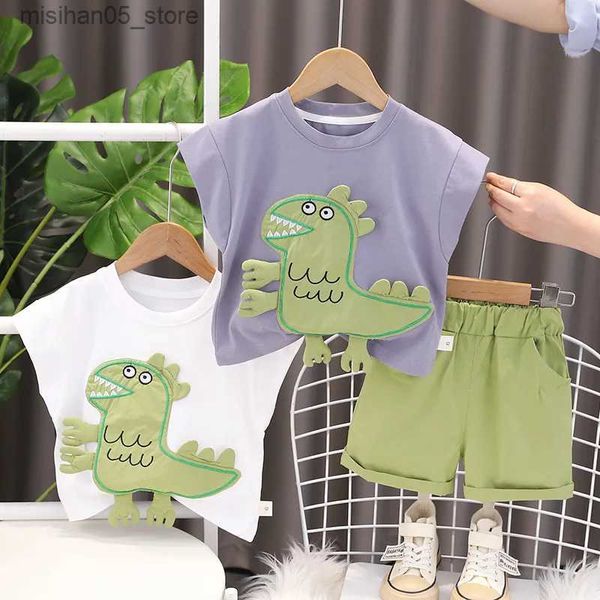 Ensembles de vêtements de vêtements d'été Baby Set Childrens et garçons autocollants T-shirts Dinosaur Short 2PCS / Set Childrens Vêtements décontractés Baby Clothing Q240425