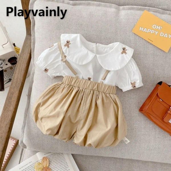 Conjuntos de ropa de verano para niña, 2 uds., cuello Peter Pan blanco, camisa de manga corta, pantalones cortos con tirantes, ropa informal para niños E193