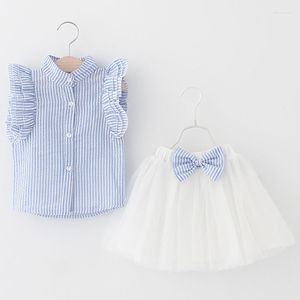 Kledingsets Zomer Babymeisjeskleding Kinderen Streep Shirt Witte Tutu Rok Met Strik 2 Stuks Mode Kind 5 S/l