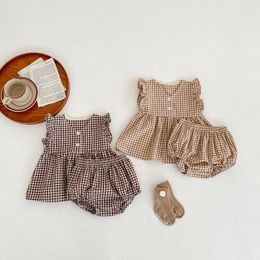 Sets de ropa Summer Baby Girl Clothen 0-3 años Lindo Camisa de vestir a cuadros de manga para niños Tops Bloomers Shorts 2 PCS