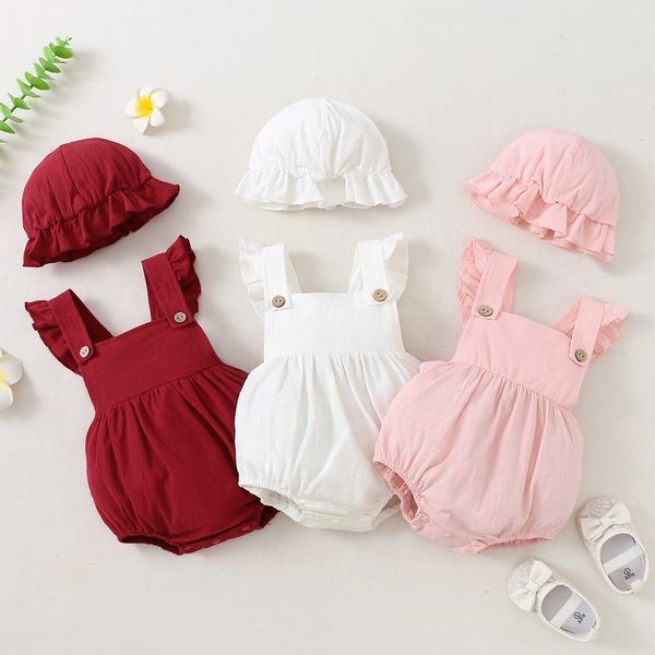 Ensembles de vêtements été bébé fille à volants combinaison tout-petits sans manches coton dos nu body vêtements avec bonnet 2 pièces 230705