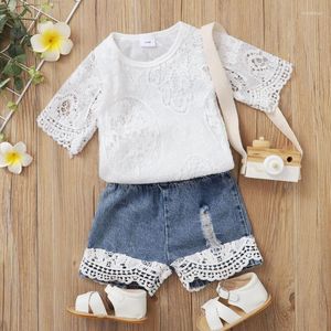 Kledingsets zomer baby meisje korte mouw kanten borduurwerk top denim broek 3 6 12 18 24 maanden geboren kinderkleding kind outfit set