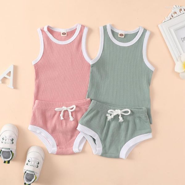 Vêtements d'été pour bébés filles et garçons, ensemble de vêtements en coton côtelé, couture sans manches, débardeurs élastiques, shorts décontractés pour enfants