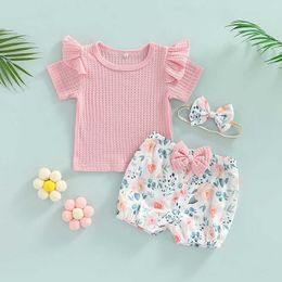 Kledingsets Zomer Babymeisjes Kledingpak 3 stks Outfit Sets Peuter Korte mouw T -shirt Bloemlantaarn Shorts Hoofdband Kinderkinderen 6m3y Z0321