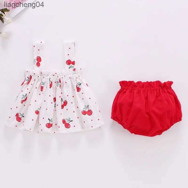 Conjuntos de ropa Conjuntos de ropa de verano para niñas, vestido Halter con estampado de cerezas lindo + traje corto absorbente transpirable para bebés dulces al aire libre, trajes de 3-18M