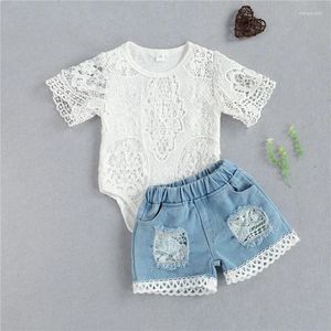 Vêtements de vêtements d'été bébé filles coréennes princesse courte bodys à manches courtes à manches courtes en dentelle short denim 2pcs