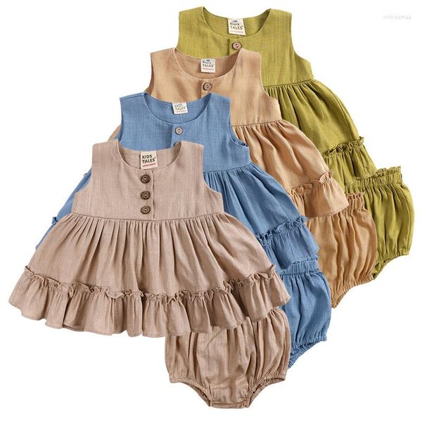 Conjuntos de ropa Summer Baby Girls Vestido sin mangas Algodón Lino con volantes Princesa Niño Chaleco Falda Pantalones cortos 2 PCS Trajes para niños