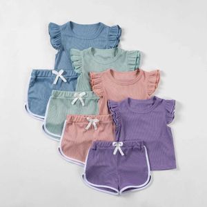 Kledingsets Zomer Baby Solid Color Casual Clothing Set voor kleuters Girls Leuke vluchtmouwen T-shirt Set voor kindercasual kleding WX