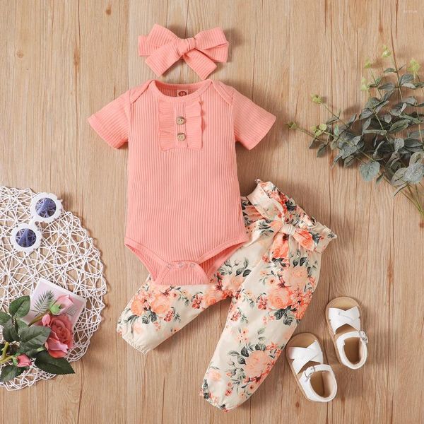 Conjuntos de ropa Summer Born Baby Girl Set Color Sólido Manga corta Costilla Bodys Estampado floral Pantalones Infantil Moda Ropa Traje Traje