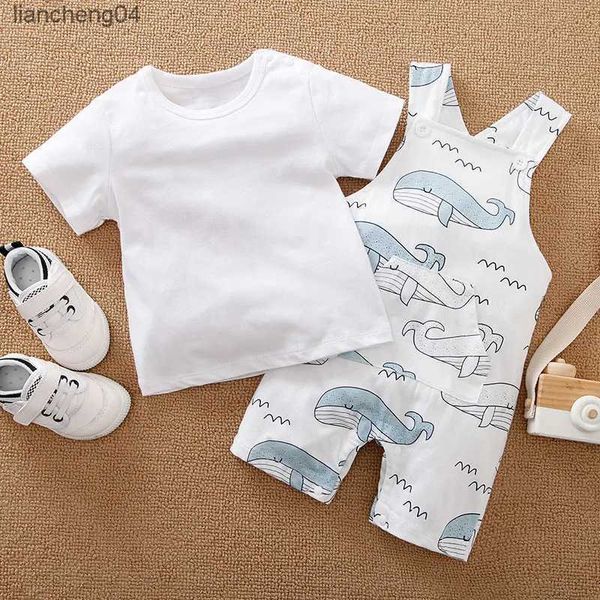 Ensembles de vêtements d'été garçons et filles mignon dessin animé baleine imprimé coton confortable bébé t-shirt à manches courtes + pantalon à bretelles deux pièces ensemble