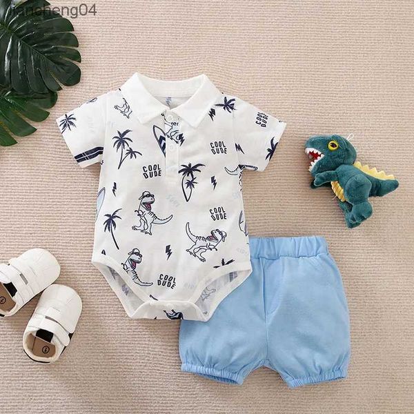 Conjuntos de ropa Verano Niños y niñas Lindo estilo casual Estampado de dinosaurio Cómodo Manga corta Bebé Triángulo Body + Conjunto de pantalones de dos piezas