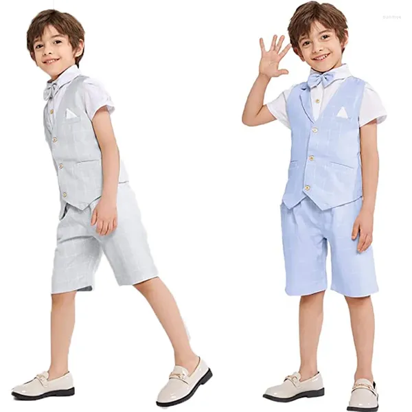 Conjuntos de ropa de verano para niños, chaleco a cuadros, pantalones cortos, corbata, conjunto de 3 uds., moda para niños, pasarela, disfraz de fiesta de cumpleaños, traje formal para niños