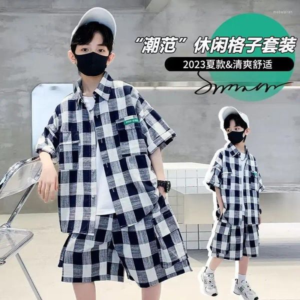 Ensembles de vêtements Summer Boys Set Single Breasted Plaid Shirts Short Two-Moics Brave Couvre de vêtements pour enfants Gift Birthday Party