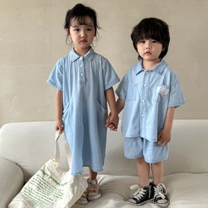 Kleding Sets Zomer Broer Zus Outfits Jongen Kinderen Effen Korte Mouwen Shirts Shorts 2 Stuks Meisje Baby Katoen Casual denim Prinses Jurk 230608