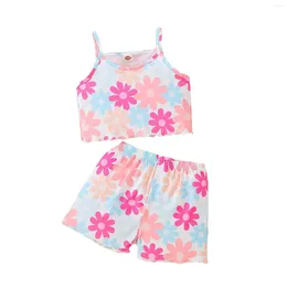 Vêtements Ensembles d'été Camisole Top Girls Flower Imprimers Sous-costume deux pour enfants 2 à 8 mignons pantalon