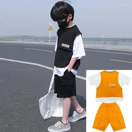 Conjuntos de ropa Verano Casual Niñas Niños Algodón Patchwork Camiseta Tops Pantalones cortos Pantalón Escuela Niños Chándal Traje infantil Estilo cargo 3-14 años