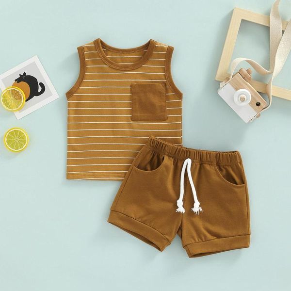 Ensembles de vêtements d'été décontracté pour bébés garçons 2 pièces tenues à rayures sans manches débardeurs solide taille élastique Shorts ensemble de vêtements pour tout-petits