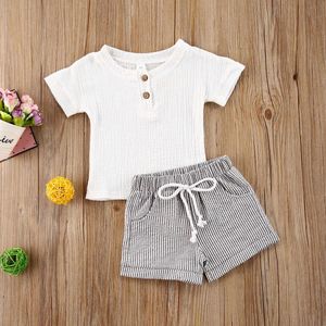 Conjuntos de ropa Verano Casual Niños pequeños Trajes para niñas Traje Botón blanco Algodón Lino Camisetas Tops Pantalones a rayas PCS Conjunto de bebé infantil