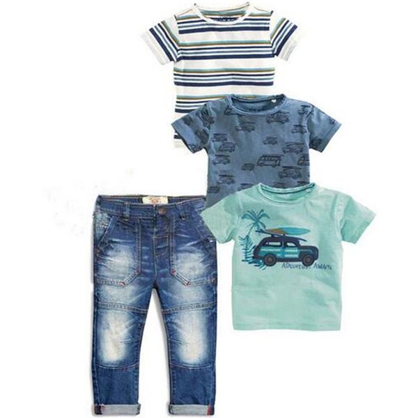 Conjuntos de ropa de verano para niños, bebés, niños, 4 Uds., conjunto de camisetas a rayas, camiseta azul, ropa vaquera vaquera para coche