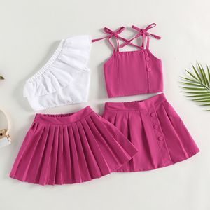 Ensembles de vêtements été enfants bébé filles ensemble de vêtements couleur unie sans manches à volants débardeurs jupe plissée 2 pièces tenue 1 6Y 230630