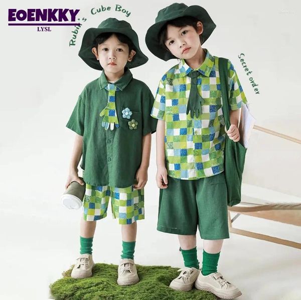 Vêtements Ensembles d'été enfants chemises garçon ensemble avec cravate mode girn girl gred green plaid short short à manches à manches