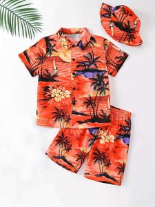 Vêtements Ensembles d'été enfants mode Hawaiian Holiday Wind Coconut Imprimé à manches courtes Short de fleurs à manches courtes Même chapeau de couleur trois pièces Setl2405