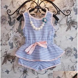 Conjuntos de ropa Trajes de niños de verano Lady Style Stripe Kids Twopiece Set Pure y Fresh Wathet Blue Girls Fit 27Age Drop Entrega B DHJWC