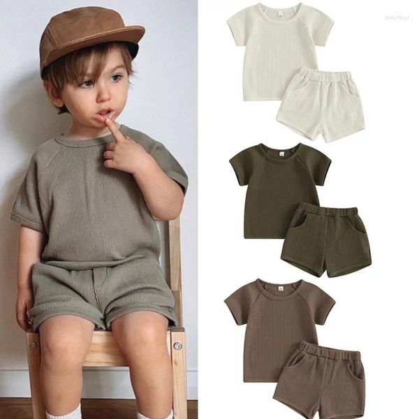 Conjuntos de ropa Set de verano para niños de 0 a 5 años Giras Waffle Camiseta de manga corta Moda de color sólido