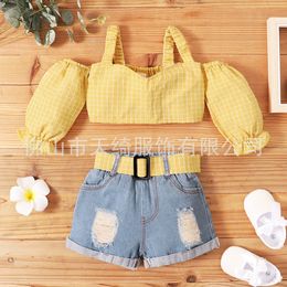 Ensembles de vêtements Costume d'été pour enfants bébé fille 13 ans Top Pantalon Jaune Sling Jeans Twopiece Enfants Vêtements Filles Ropa 230630