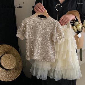 Ensembles de vêtements Costume d'été pour enfants pour filles à manches courtes haut à paillettes jupes à gâteau en Tulle 2 pièces tenues pour enfantsCostume