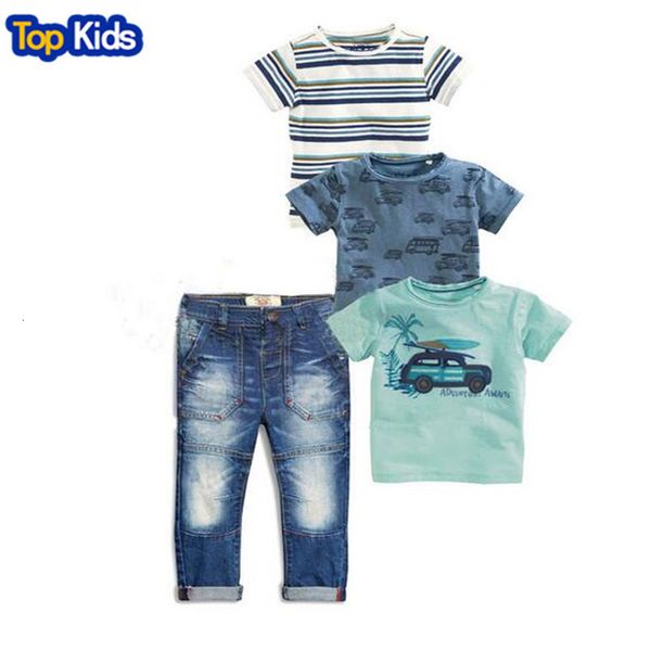 Ensembles de vêtements été enfants ensembles bébé vêtements garçons 4 pièces ensemble costume rayé t-shirts bleu t-shirt voiture T-shirt denim jeans enfants ensemble 230614