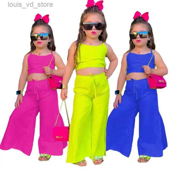 Juegos de ropa juegos de ropa para niños de verano para niños para niñas para niñas halter tops+pantalones de piernas anchas para niños niños nuevos trajes de ropa 1-8y T240415