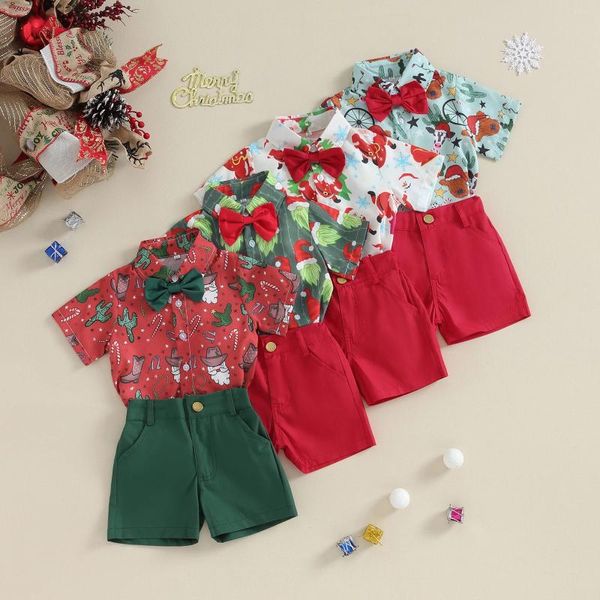 Ensembles de vêtements Été Noël Enfants Garçon Short Set Santa Imprimer Chemise et tenues Costumes Vêtements de Noël