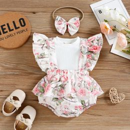 Vêtements Ensembles Coton d'été Baby Girls Mompers Born Princess Flying Sleeve Tops Fleurs mignonnes Toddler Brefant Raiper Headswear