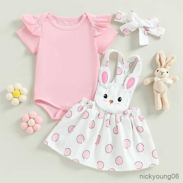 Conjuntos de ropa de verano de Pascua para bebés y niñas, conjunto de ropa de Color sólido de manga corta, mono con correas de conejo, faldas, monos, diadema