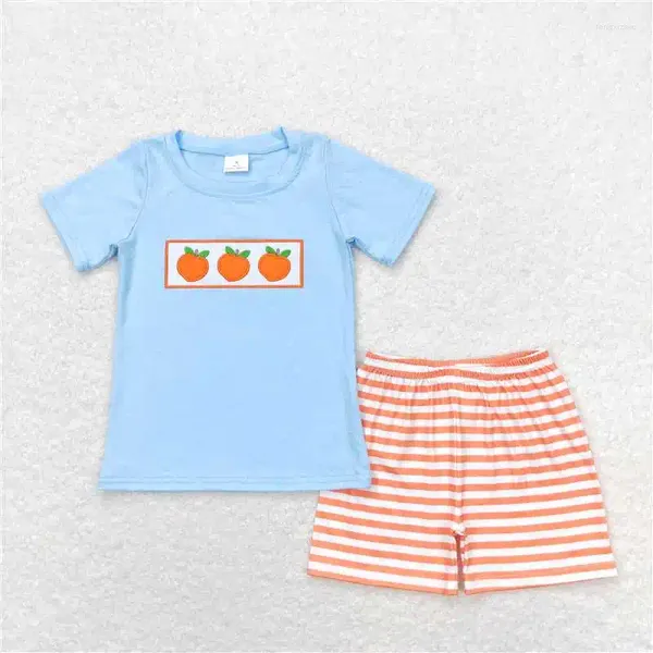Conjuntos de ropa Summer bordado naranja azul manga corta y pantalones cortos a rayas blancas