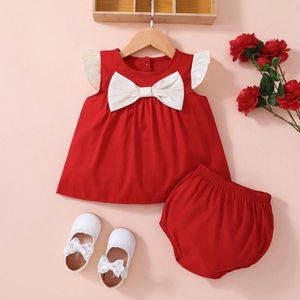 Ensembles de vêtements d'été européens et américains, couleur unie, pour bébés filles, sans manches, avec nœud papillon, petits vêtements pour femmes