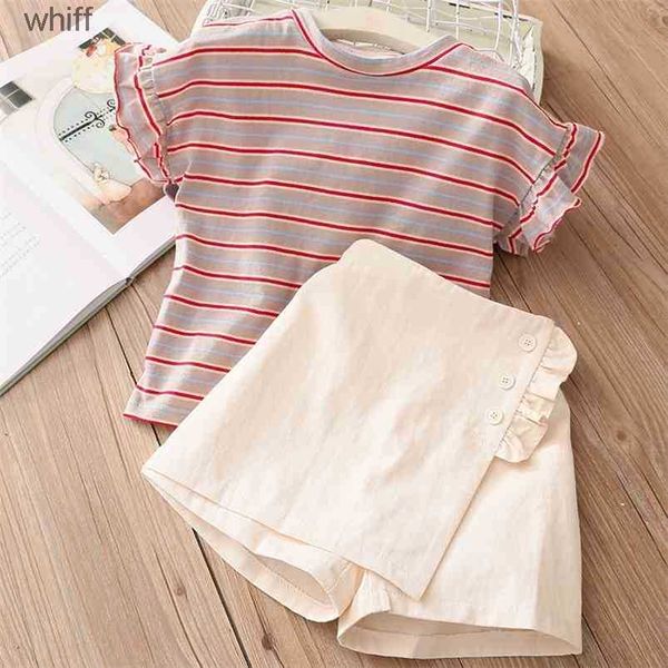 Ensembles de vêtements Summer Fashion 2 3 4 5 6 7 8 9 10 ans Coton Fly Short à manches Stripted T-shirt + short 2 pièces pour enfants pour bébés filles 210625 C240413