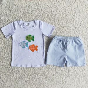 Kledingsets Summer Fashion Baby Boys Little Fish Blue Checked broek Korte mouw set groothandel boetiek Kinderkleding