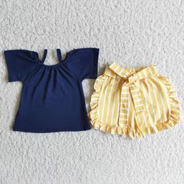 Vêtements Ensembles de la mode d'été Baby Girls Sprper Top Yellow Striped Shorts Set Wholesale Boutique Children Vêtements