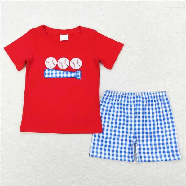 Conjuntos de ropa Fashion Fashion de verano Béisbol Rojo Rojo Blue pantalones cortos a cuadros Traje de boutique de niños al por mayor