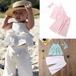 Ensembles de vêtements d'été pour bébés filles, tenues sans manches, à volants, hauts à boutons, pantalons à jambes larges, bandeau, 3 pièces, 6 mois à 5 ans