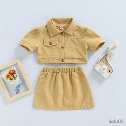 Kledingsets Summer Fashion Little Girls 2pcs Desets Sets 1-5y Solid Turn Down Collar Shirts Tops+Mini Skirts Clothing R230815