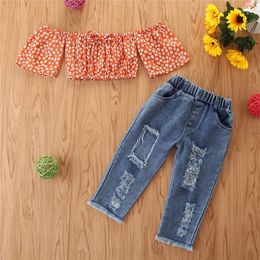 Conjuntos de ropa Moda de verano para niños pequeños, ropa para niña con hombros descubiertos, Tops con estampado floral naranja, camiseta, pantalones de mezclilla, trajes para niños