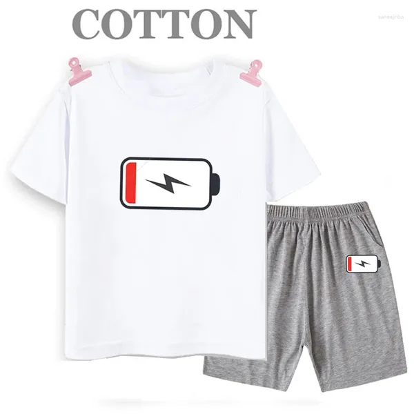 Ensembles de vêtements Summer Summer Full / High / Low Energy Battery T-shirts Shorts 2 pièces pour les enfants et les garçons Casual Round Neck Top 2024 Fun