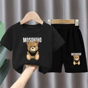 Conjuntos de ropa Summer Girls and Boys Clothing Set Childrens Cartoon Bear Camiseta Conjunto de camisetas de manga corta de manga corta e inferior de 2 piezas D240514