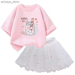 Clothing Sets Summer Girls Cartoon Princess Set Little Girls Cotton Strawberry Milk T-shirt+Tutu Ski Set Childrens Cute SetL2405L24045