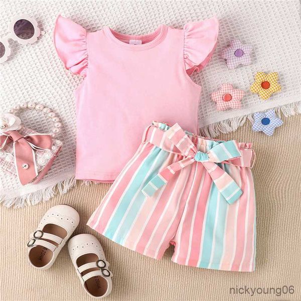 Ensembles de vêtements été filles décontracté manches volantées col rond hauts roses et shorts rayés avec ceinture bébé vêtements enfants tenues pour enfants