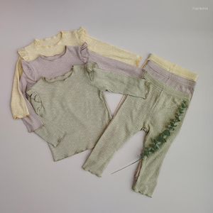 Kledingsets Zomermeisjes Kleed Vliegende mouwen lange broek Set gekrulde Kinderkleding Zoete prinsesstijl Leer en herfst