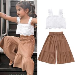 Ensembles de vêtements d'été filles ensembles de vêtements Style décontracté dentelle florale sans manches Crop Tops pantalons à jambes larges bébé vêtements enfants tenues pour enfants 230313